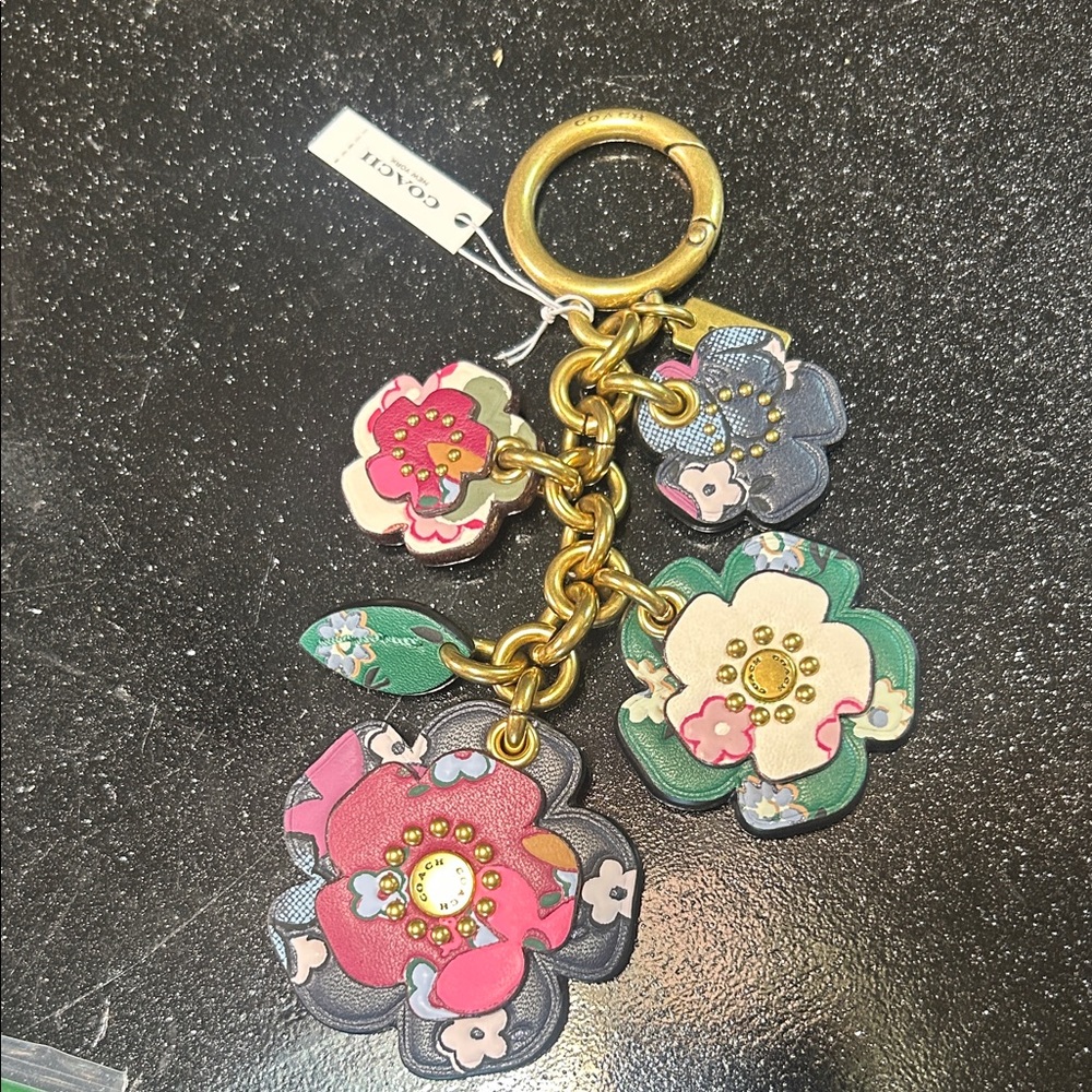 Coach Multicolor Floral Keychain with Gold Ring